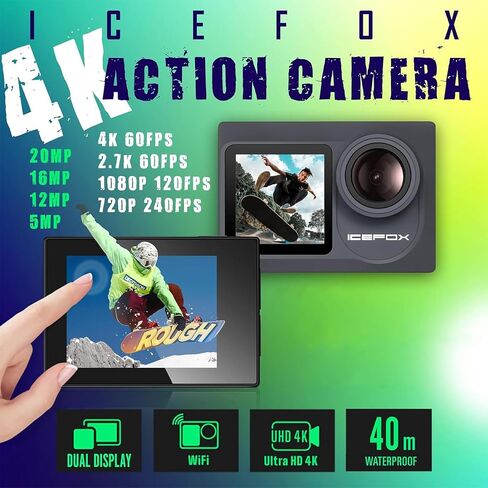 icefox Action Camera 4K Underwater Camera External Microphone Waterproof 40M Ultra HD 20MP Camera 170 ° Ultra Wide Angle WiFi Camcorder, Gray in Kuwait