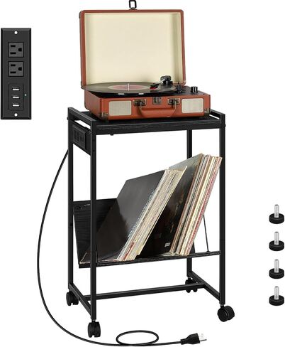 Record Player Stand with Charging Station, 2 Tier Record Player Table with 3 Quick-Release Divider, Vinyl Record Stand Storage with 4 Wheels, Turntable Stand for Bedroom Living Room and Office(Grey) in Saudi Arabia