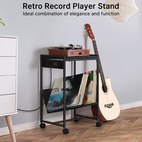 Record Player Stand with Charging Station, 2 Tier Record Player Table with 3 Quick-Release Divider, Vinyl Record Stand Storage with 4 Wheels, Turntable Stand for Bedroom Living Room and Office(Grey) in Saudi Arabia