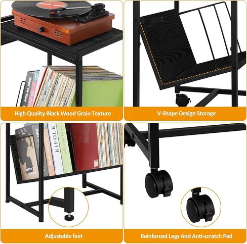 Record Player Stand with Charging Station, 2 Tier Record Player Table with 3 Quick-Release Divider, Vinyl Record Stand Storage with 4 Wheels, Turntable Stand for Bedroom Living Room and Office(Grey) in Saudi Arabia