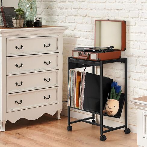 Record Player Stand with Charging Station, 2 Tier Record Player Table with 3 Quick-Release Divider, Vinyl Record Stand Storage with 4 Wheels, Turntable Stand for Bedroom Living Room and Office(Grey) in Saudi Arabia