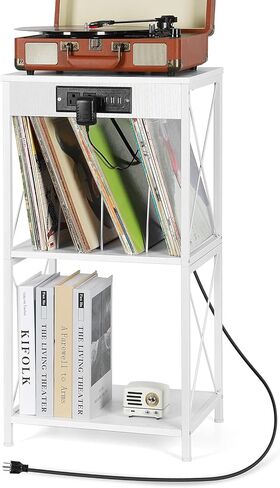 حامل مشغل تسجيل BTY مع محطة شحن ومنافذ USB، تخزين سجل الفينيل 3 طبقات مع فواصل حامل عرض تسجيل صغير يحمل ما يصل إلى 90 ألبومًا لغرفة المعيشة وغرفة النوم والمكتب، رمادي in Kuwait