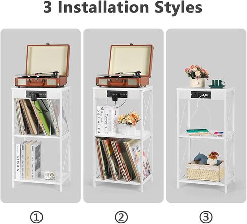 حامل مشغل تسجيل BTY مع محطة شحن ومنافذ USB، تخزين سجل الفينيل 3 طبقات مع فواصل حامل عرض تسجيل صغير يحمل ما يصل إلى 90 ألبومًا لغرفة المعيشة وغرفة النوم والمكتب، رمادي in Kuwait