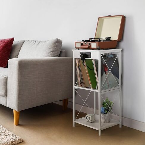 حامل مشغل تسجيل BTY مع محطة شحن ومنافذ USB، تخزين سجل الفينيل 3 طبقات مع فواصل حامل عرض تسجيل صغير يحمل ما يصل إلى 90 ألبومًا لغرفة المعيشة وغرفة النوم والمكتب، رمادي in Kuwait