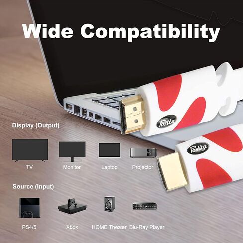 Postta Flat HDMI Cable 30 Feet Flat HDMI 2.0 Cord Support 4K, 3D, 2160p, 1080p, Ethernet and Audio Return-White-Red in Kuwait