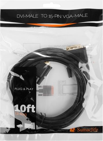 SumacLife NBKDAT452 DVI-I وصلة مزدوجة إلى 15 دبوس VGA 10 'ذكر التوصيل والتشغيل (SLDVII15VGAPBLK10ft) in Kuwait