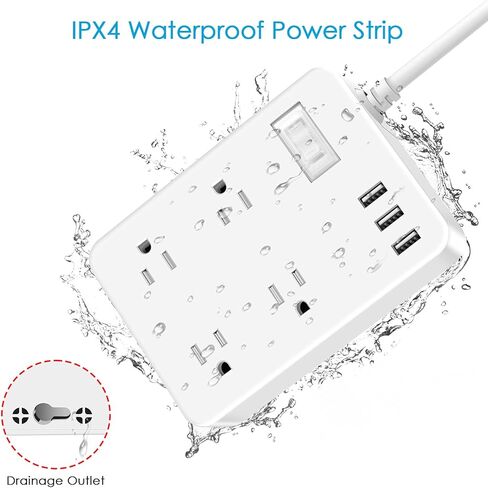 شريط طاقة خارجي مقاوم للطقس مع USB، شريط طاقة مقاوم للماء مع 4 منافذ متباعدة واسعة، واقي من زيادة التيار بقوة 1700 جول، شريط طاقة بسلك تمديد بطول 15 قدمًا مع قابس مسطح منخفض المظهر (أبيض) in Kuwait