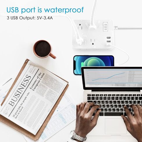 شريط طاقة خارجي مقاوم للطقس مع USB، شريط طاقة مقاوم للماء مع 4 منافذ متباعدة واسعة، واقي من زيادة التيار بقوة 1700 جول، شريط طاقة بسلك تمديد بطول 15 قدمًا مع قابس مسطح منخفض المظهر (أبيض) in Kuwait