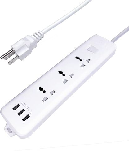 شريط طاقة عالمي مع 3 منافذ USB 3 تيار متردد، شريط طاقة أبيض قابل للسحب، واقي من التيار الكهربائي الأوروبي 220 فولت/240 فولت، أسلاك تمديد بطول 6.5 قدم للسفر والمنزل والمكتب in Kuwait