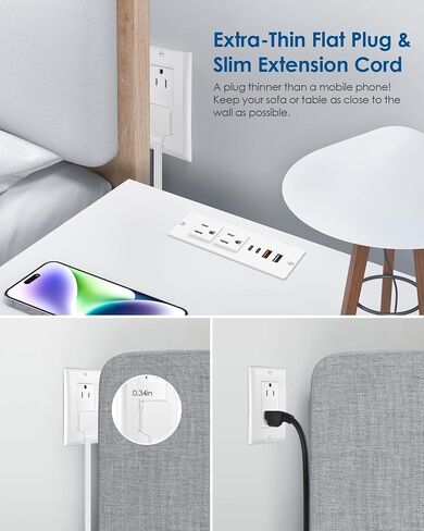 Recessed Power Strip with 30W USB C,Ultra Thin Flat Plug Power Strip,2 Outlets 4 USB Ports,Furniture Flush Mount Desk Outlet,Recessed Outlet for Side Table/Sofa Table,6ft Cord (Black) in Kuwait