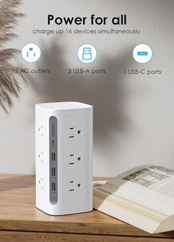 واقي التيار الكهربائي لبرج قطاع الطاقة (1800J)، برج طاقة 16 في 1 من أوريمو مع منافذ USB وسلك تمديد بطول 5 أقدام، برج شحن مدمج للوازم المكتبية، أساسيات غرفة النوم in Kuwait