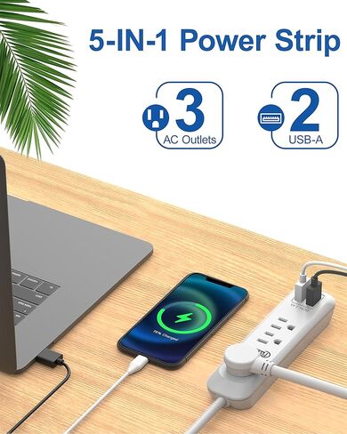 سلك تمديد طويل لقطاع الطاقة USB بطول 12 قدمًا، 3 منافذ، 2 منافذ USB (2.4 أمبير/12 وات)، حماية من الحمل الزائد، شريط طاقة قابل للتركيب للمكتب المنزلي، 1250 وات/10 أمبير، مدرج في قائمة SGS، أبيض. عبوتان in Kuwait