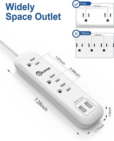 سلك تمديد طويل لقطاع الطاقة USB بطول 12 قدمًا، 3 منافذ، 2 منافذ USB (2.4 أمبير/12 وات)، حماية من الحمل الزائد، شريط طاقة قابل للتركيب للمكتب المنزلي، 1250 وات/10 أمبير، مدرج في قائمة SGS، أبيض. عبوتان in Kuwait