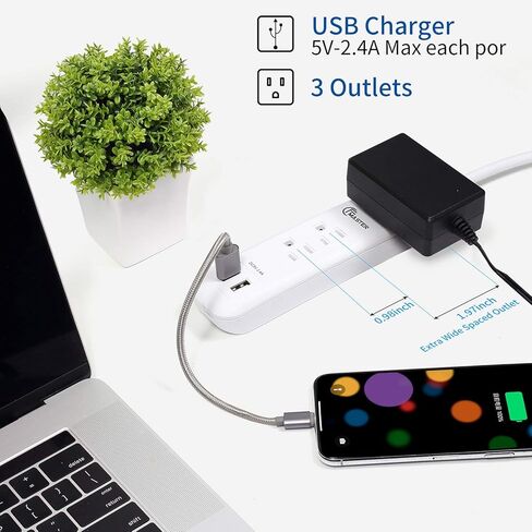 سلك تمديد طويل لقطاع الطاقة USB بطول 12 قدمًا، 3 منافذ، 2 منافذ USB (2.4 أمبير/12 وات)، حماية من الحمل الزائد، شريط طاقة قابل للتركيب للمكتب المنزلي، 1250 وات/10 أمبير، مدرج في قائمة SGS، أبيض. عبوتان in Kuwait