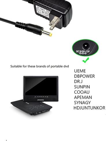 شاحن حائط لمشغل DVD المحمول، سلك إمداد الطاقة، محول التيار الكهربائي AC-DC متوافق مع UEME/HDJUNTUNKOR/DBPOWER DVD المحمول [مدرج في قائمة UL] in Saudi Arabia