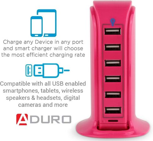 Aduro 40W 6-Port USB Desktop Charging Station Hub Wall Charger for iPhone iPad Tablets Smartphones with Smart Flow (Black/Grey) in Kuwait