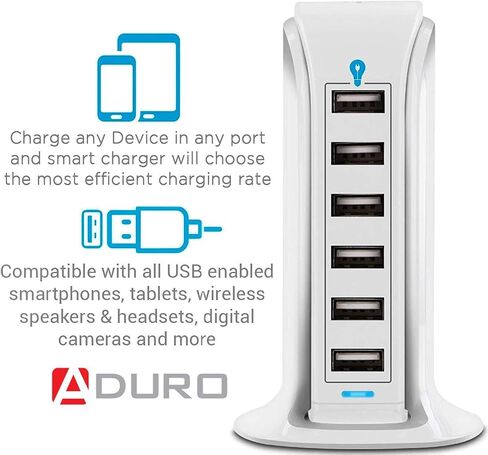 Aduro 40W 6-Port USB Desktop Charging Station Hub Wall Charger for iPhone iPad Tablets Smartphones with Smart Flow (Black/Grey) in Kuwait