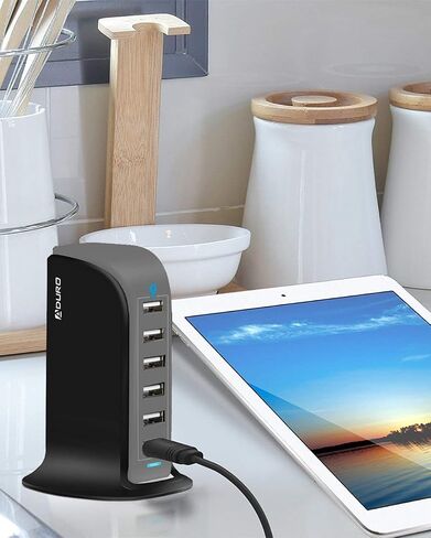 Aduro 40W 6-Port USB Desktop Charging Station Hub Wall Charger for iPhone iPad Tablets Smartphones with Smart Flow (Black/Grey) in Kuwait