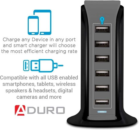 Aduro 40W 6-Port USB Desktop Charging Station Hub Wall Charger for iPhone iPad Tablets Smartphones with Smart Flow (Black/Grey) in Kuwait