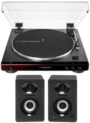 Audio-Technica AT-LP60X Fully Automatic Belt-Drive Stereo Turntable (Brown) Bundle with Bluetooth Studio Monitors - Pair (2 Items) in Saudi Arabia