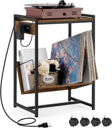 حامل مشغل تسجيل مع حامل ليلي للتخزين من الفينيل مع منافذ طاقة، حامل تخزين تسجيل الفينيل على عجلات، حامل قرص دوار أبيض لغرفة المعيشة وغرفة النوم، سعة كبيرة، أبيض in Kuwait