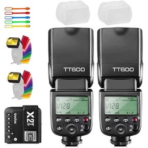 Godox 2x TT600S Flash with Trigger Kit for Sony Cameras, HSS GN60 2.4G Wireless Flash Speedlite, Master/Slave Flash with Built-in 2.4G X Trigger System, X2T-S Trigger Transmitter, Diffuser and Filters