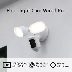 كاميرا Ring Floodlight Cam Wired Pro المُعاد تجديدها مع رؤية عين الطير واكتشاف الحركة ثلاثية الأبعاد (إصدار 2021)، باللون الأبيض