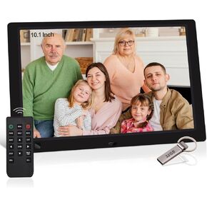 10.1-Inch Digital Picture Frame USB, Jimwey IPS Screen 1920x1080 Digital Photo Frame Slide Show for Gifts with 32GB USB Flash Drive SD Card Slot, Support Music Video Motion Sensor with Romote Control in Kuwait