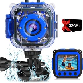 PROGRACE Kids Camera Waterproof Boys - Toy Gifts for Boy Kids Video Camera Underwater Recorder HD Kids Digital Camera Toddler Children Camcorder Age 3 4 5 6 7 8 9 10 Year Old Birthday Presents Blue