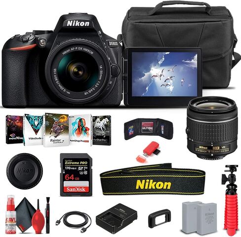 Nikon D5600 DSLR Camera with 18-55mm Lens (1576) + 64GB Card + Case + Corel Photo Software + EN-EL14A Battery + HDMI Cable + Cleaning Set + Flex Tripod + Memory Wallet (International Model) (Renewed) in Saudi Arabia