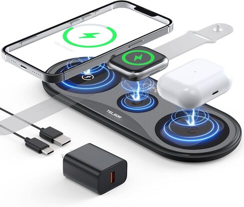 لوحة شحن لاسلكية، شواحن لاسلكية محمولة من TELSOR لأجهزة متعددة، محطة شحن لاسلكية لهاتف iPhone 15 14 13 12 11 Pro Max، لساعة Apple Watch 8 7 6 5 4 3 2 SE، لـ AirPods Pro 3 2 in Saudi Arabia