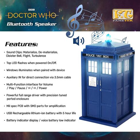 FAMETEK Doctor Who Bad Wolf Tardis Wireless Bluetooth Speaker Plays Music, Lights Up, Accurate Sounds Effects |Gifts for Men or Women - Best Gifts Birthday Collectibles for Doctor Who in Kuwait