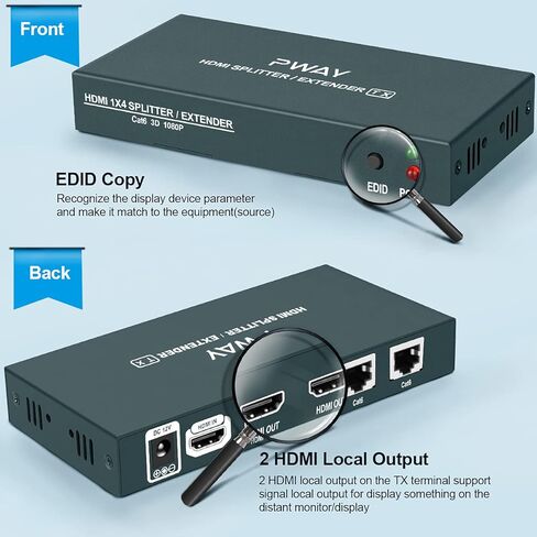 1x2 HDMI Extender Splitter 1080P 3D Over Cat5e/Cat6/Cat7 Ethernet Cable with 2 HDMI Loop Out - Up to 50m/165ft - EDID Management & POC Function for HDTV PS3 PS4 Xbox (1 in 2 Out / 2-Port) in Kuwait