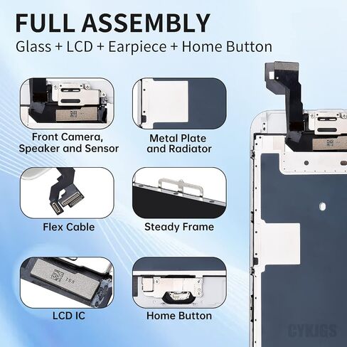 for iPhone 6S Screen Replacement with Home Button 4.7 inch White LCD | 3D Touch Digitizer Display Full Assembly Fix Kit, Front Camera Proximity Sensor Ear Speaker Repair Tools A1633 A1688 A1700 in Kuwait