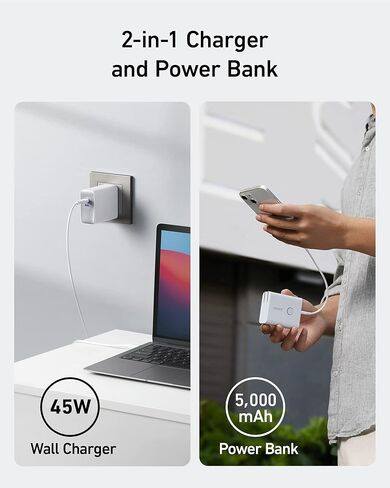Anker 45W Wall Charger with 5,000 mAh 20W Portable Charger, Dual-Port USB-C for iPhone 15/15 Plus/15 Pro/15 Pro Max, iPhone 14/13 Series, iPhone 14/13 Series, iPad Pro, AirPods, Apple Watch, and More in Kuwait