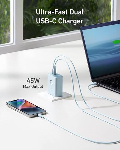 Anker 45W Wall Charger with 5,000 mAh 20W Portable Charger, Dual-Port USB-C for iPhone 15/15 Plus/15 Pro/15 Pro Max, iPhone 14/13 Series, iPhone 14/13 Series, iPad Pro, AirPods, Apple Watch, and More in Kuwait