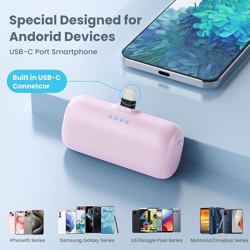 [2 Pack] Mini Portable Charger USB-C Power Bank, 5200mAh Portable Charger,Compact Plug in Battery Pack Compatible with iPhone 15/15 Plus/15 Pro/15 Pro Max Samsung Android Phones etc-Pink+light Blue in Saudi Arabia