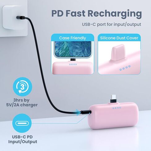 [2 Pack] Mini Portable Charger USB-C Power Bank, 5200mAh Portable Charger,Compact Plug in Battery Pack Compatible with iPhone 15/15 Plus/15 Pro/15 Pro Max Samsung Android Phones etc-Pink+light Blue in Saudi Arabia