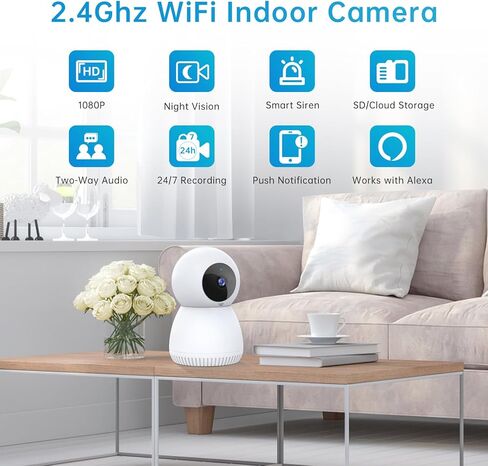 NoahTec Indoor Camera, 1080P 2.4GHz Pet Camera Baby Monitor, 360° Cameras for Home Security Indoor, Dog Camera 24/7 Motion Detection, 2-Way Call, IR Night Vision,Siren Alarm, Works with Alexa in Kuwait