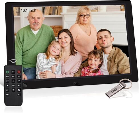 10.1-Inch Digital Picture Frame USB, Jimwey IPS Screen 1920x1080 Digital Photo Frame Slide Show for Gifts with 32GB USB Flash Drive SD Card Slot, Support Music Video Motion Sensor with Romote Control in Kuwait