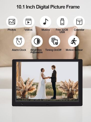 10.1-Inch Digital Picture Frame USB, Jimwey IPS Screen 1920x1080 Digital Photo Frame Slide Show for Gifts with 32GB USB Flash Drive SD Card Slot, Support Music Video Motion Sensor with Romote Control in Kuwait