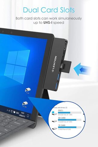 LENTION Surface Pro 7 USB C Hub,6-in-1 Microsoft Surface Pro 7 USB C Dock with 4K@60Hz HDMI Display, SD and Micro SD Dual Card Reader, 2 USB 3.0 Port, PD 60W Type C Charging Port (CS34,Black) in Kuwait
