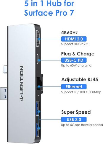 LENTION Surface Pro 7 USB C Hub,6-in-1 Microsoft Surface Pro 7 USB C Dock with 4K@60Hz HDMI Display, SD and Micro SD Dual Card Reader, 2 USB 3.0 Port, PD 60W Type C Charging Port (CS34,Black) in Kuwait