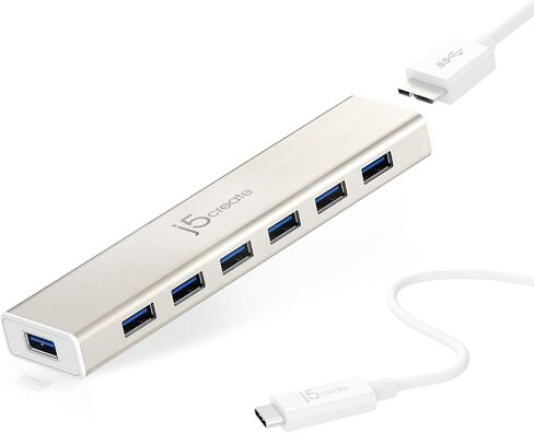 j5create USB Type-C to 7-Port USB 3.0 Data Hub with 3 ft Extended Cale [20W Power Adapter Included] for Mac, MacBook, Windows, Laptop, Surface, XPS, Chromebook, PC (JCH377) in Saudi Arabia