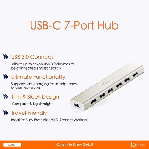 j5create USB Type-C to 7-Port USB 3.0 Data Hub with 3 ft Extended Cale [20W Power Adapter Included] for Mac, MacBook, Windows, Laptop, Surface, XPS, Chromebook, PC (JCH377) in Saudi Arabia