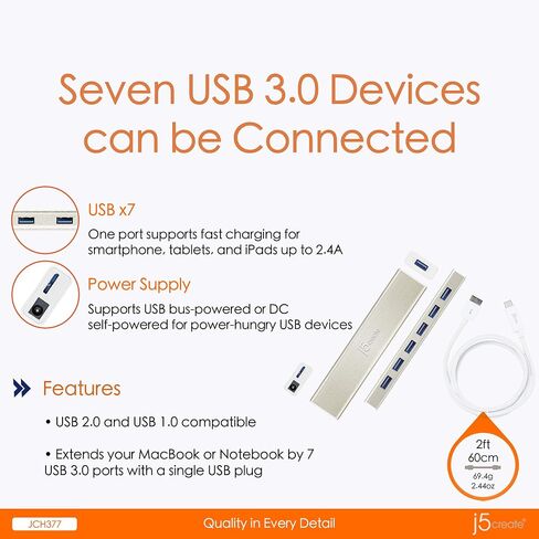 j5create USB Type-C to 7-Port USB 3.0 Data Hub with 3 ft Extended Cale [20W Power Adapter Included] for Mac, MacBook, Windows, Laptop, Surface, XPS, Chromebook, PC (JCH377) in Saudi Arabia