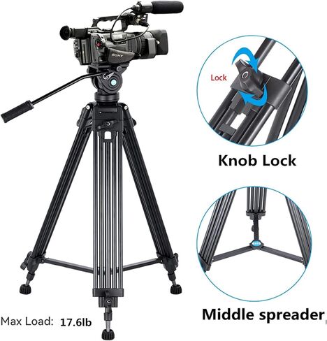 62"/158CM Video Tripod Professional Heavy Duty Aluminum | Twin Tube, 360 Degree Fluid Head, Mid-Level Spreader, For DSLR Camcorder Camera, Load Up to 17.6lb/8kg in Saudi Arabia