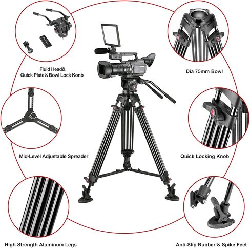 MagicLine 68.7" Aluminum Video Tripod,Heavy Duty Camera Tripod Stand with 2 Handles & 360°Fluid Head & Ground Spreader，2 QR Plates for DSLR Camcorder Cameras(Max Load 26.5 lb) in Saudi Arabia