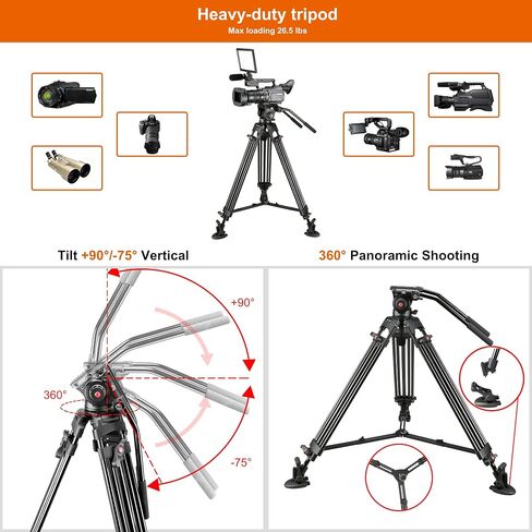 MagicLine 68.7" Aluminum Video Tripod,Heavy Duty Camera Tripod Stand with 2 Handles & 360°Fluid Head & Ground Spreader，2 QR Plates for DSLR Camcorder Cameras(Max Load 26.5 lb) in Saudi Arabia