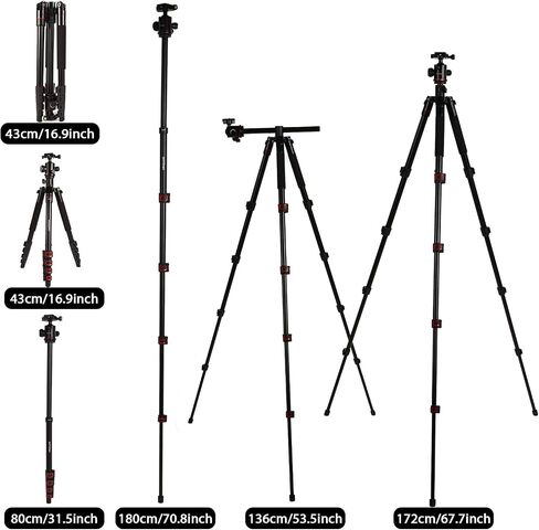 Smvchen 70"Axis Horizontal Tripod Monopod with Ball Head and Phone Clamp Compatible with Cameras and iPhone 15 Pro Max with Rotatable Center Column 5-Section Aluminum Alloy Tripod Max. Load 10kg(Red) in Saudi Arabia